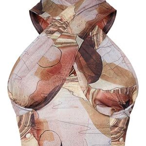 Beige Woven Abstract Print Underbust Halterneck Cross Over Zip Corset